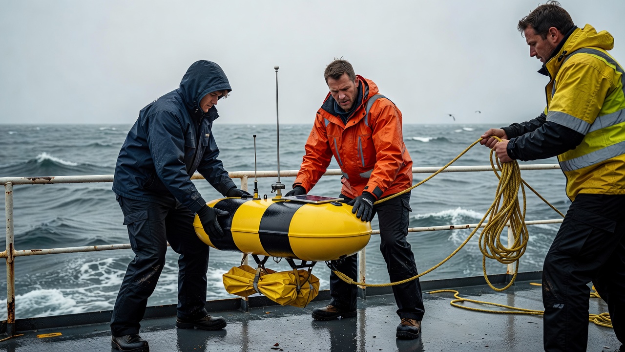Research vessel crew carefully releasing a surface drifter over the ship rail