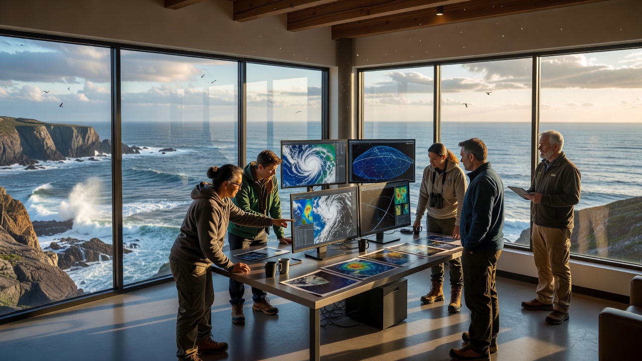 Researchers reviewing satellite observations at a naturally lit coastal station