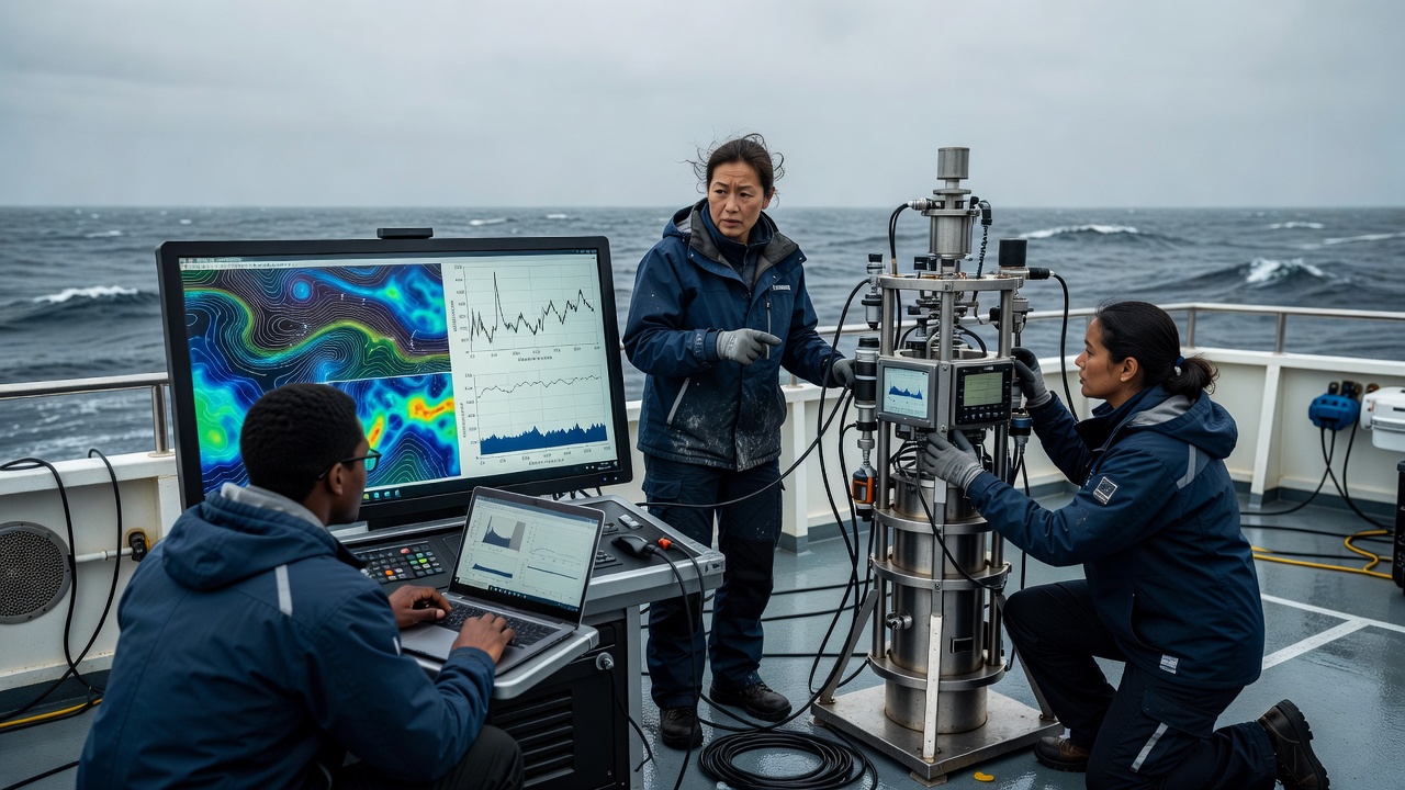 Shipboard oceanography team comparing model output with instrument observations